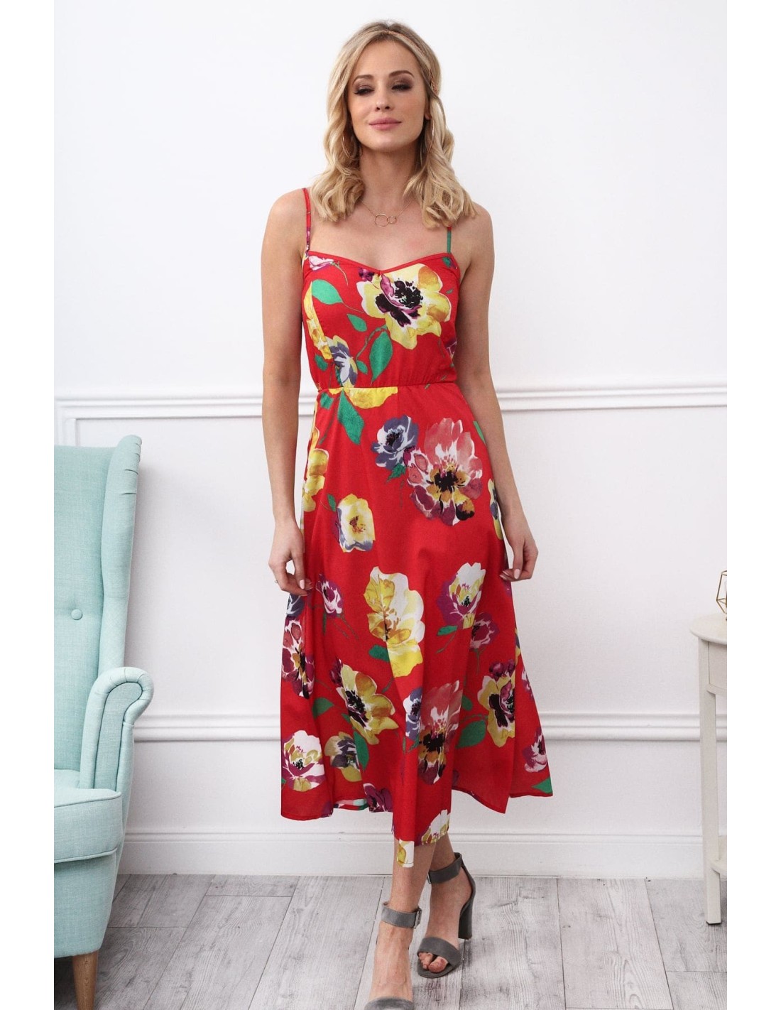 Red summer dress with flowers for everyday use MP60092 - Online store - Boutique